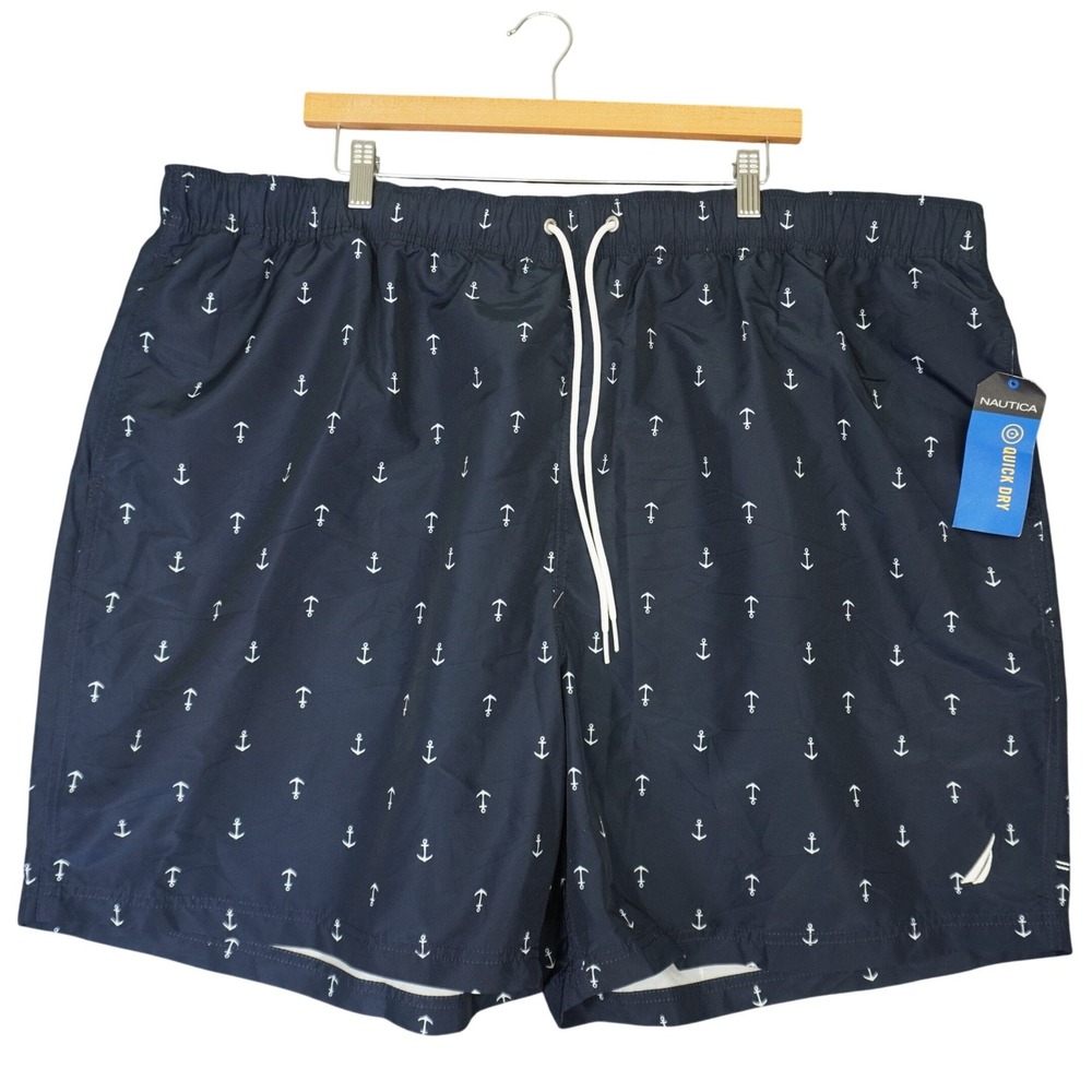 NEW Nautica Swim Trunks Mens 2XL Navy Blue Anchor Print Quick Dry Shorts